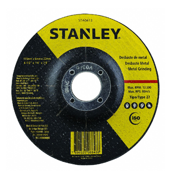 STA0413 DISCO DESBASTE METAL STANLEY 4 1/2 X 1/4 X 7/8